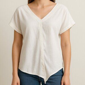 Reserve White Cotton V-Neck Blouse Minimalist Asymmetrical Hem Top